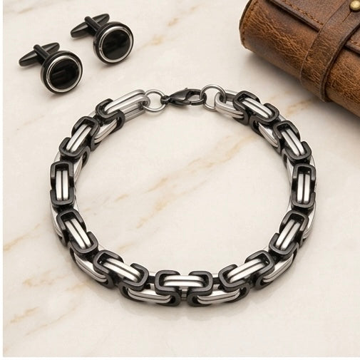 Domineering Personality Men Jewellery Stainless Steel Heavy Bracelet Silver-Black plated (22cm / 6mm thickness)