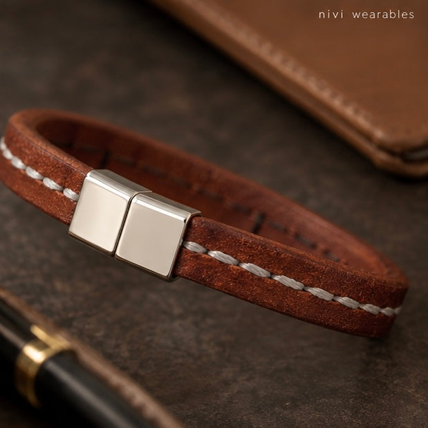Thread stitch Design leather bracelet with Magnetic Clasp