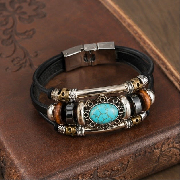 Handmade Bohemian style Leather Bracelets with Blue Stone