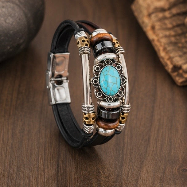 Handmade Bohemian style Leather Bracelets with Blue Stone