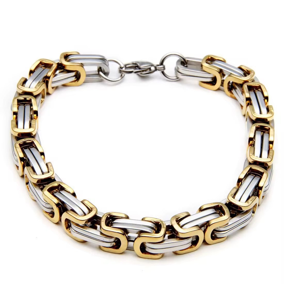Domineering Personality Men Jewellery Stainless Steel Heavy Bracelet Silver-Gold plated (22cm / 6mm thickness)