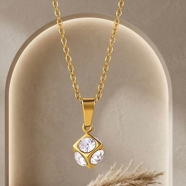 Dainty 18k Anti Tarnish Zircon 3D Square Diamond Pendant Non Fading Jewellery (40+5cm)