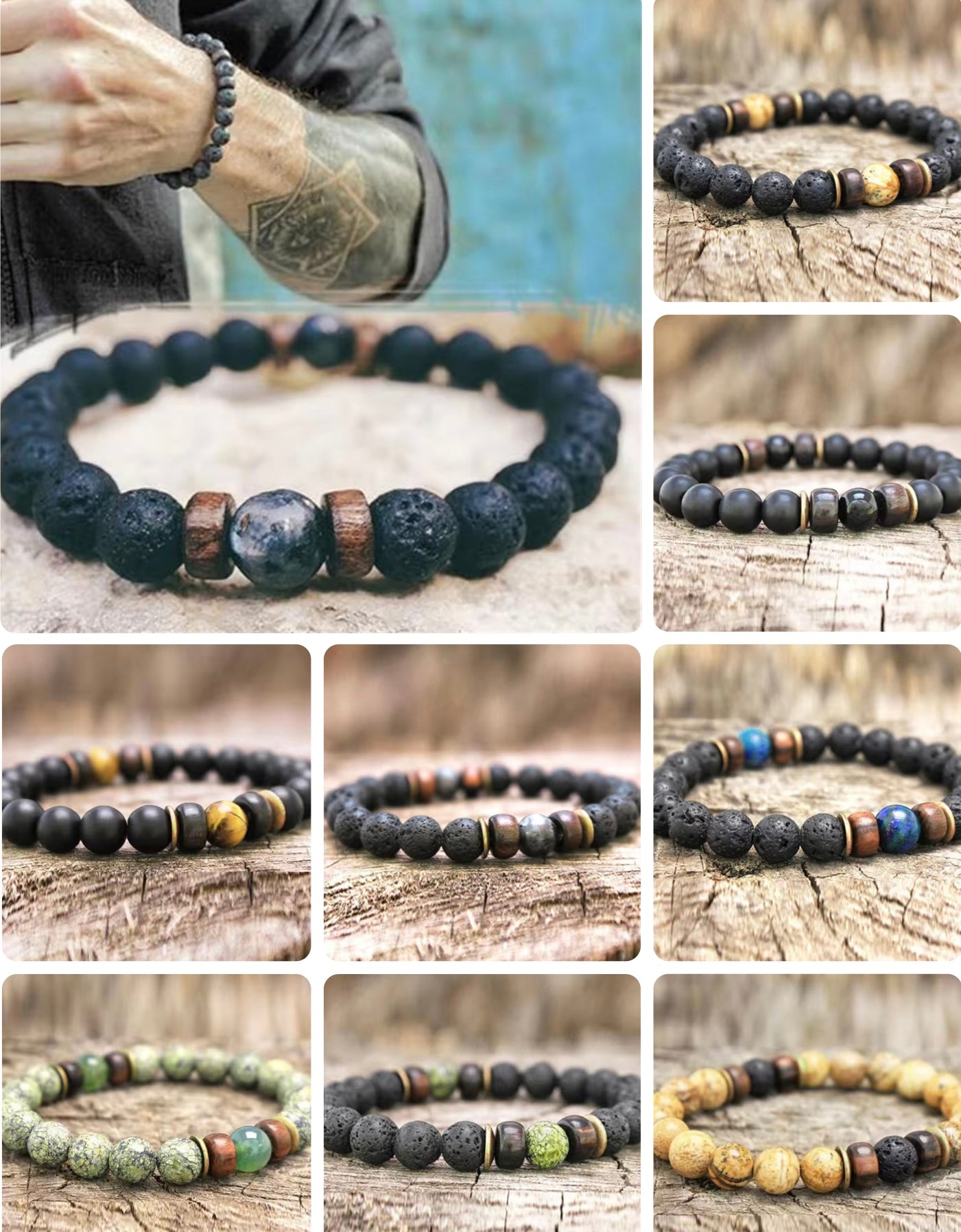 8mm Lava with Natural Stone, wood, Septum, Beaded Energy Yoga bracelets for Men and Women