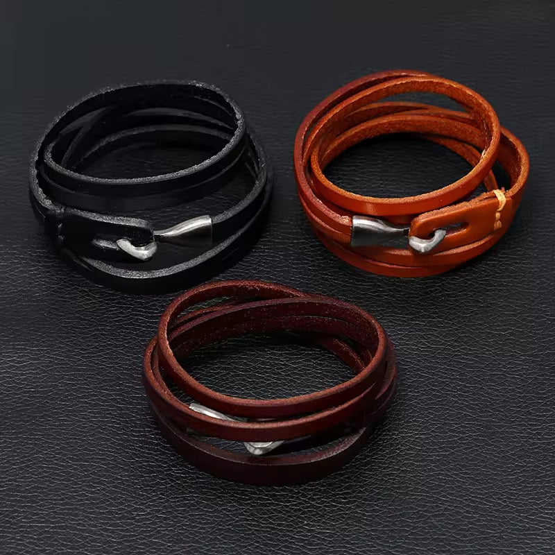 Retro Leather Encircling Bracelet for Men and Women with Hook and Clasp