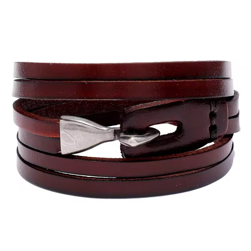 Retro Leather Encircling Bracelet for Men and Women with Hook and Clasp