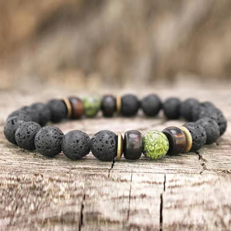 8mm Lava with Natural Stone, wood, Septum, Beaded Energy Yoga bracelets for Men and Women