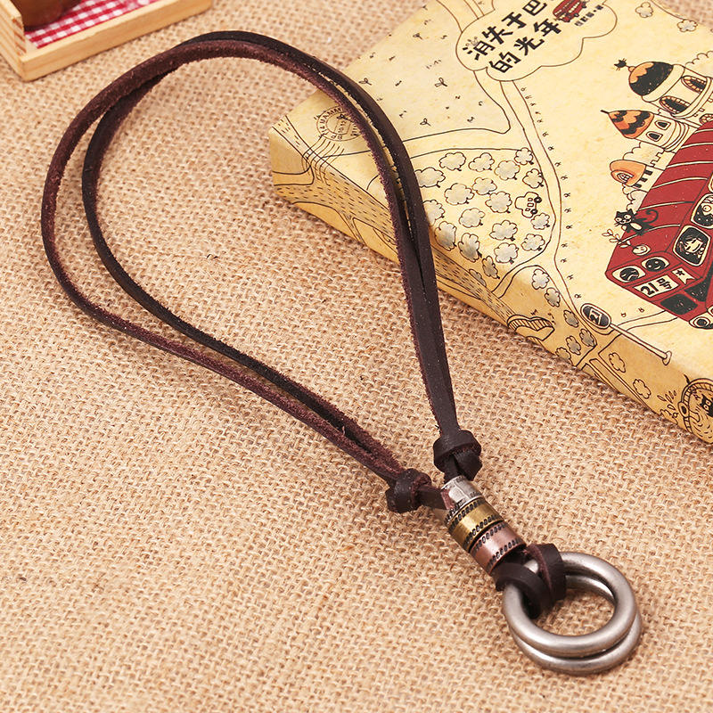 Double Loop Vintage Pendant with Leather Necklace