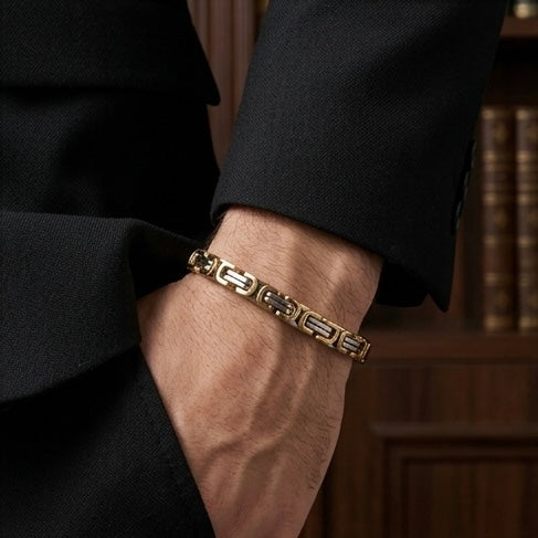 Domineering Personality Men Jewellery Stainless Steel Heavy Bracelet Silver-Gold plated (22cm / 6mm thickness)