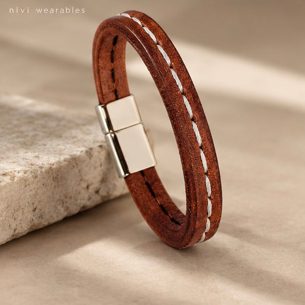 Thread stitch Design leather bracelet with Magnetic Clasp