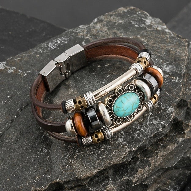 Handmade Bohemian style Leather Bracelets with Blue Stone