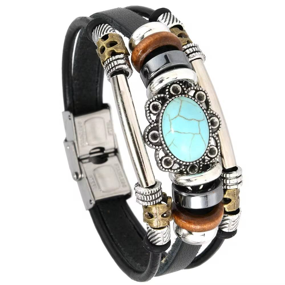 Handmade Bohemian style Leather Bracelets with Blue Stone