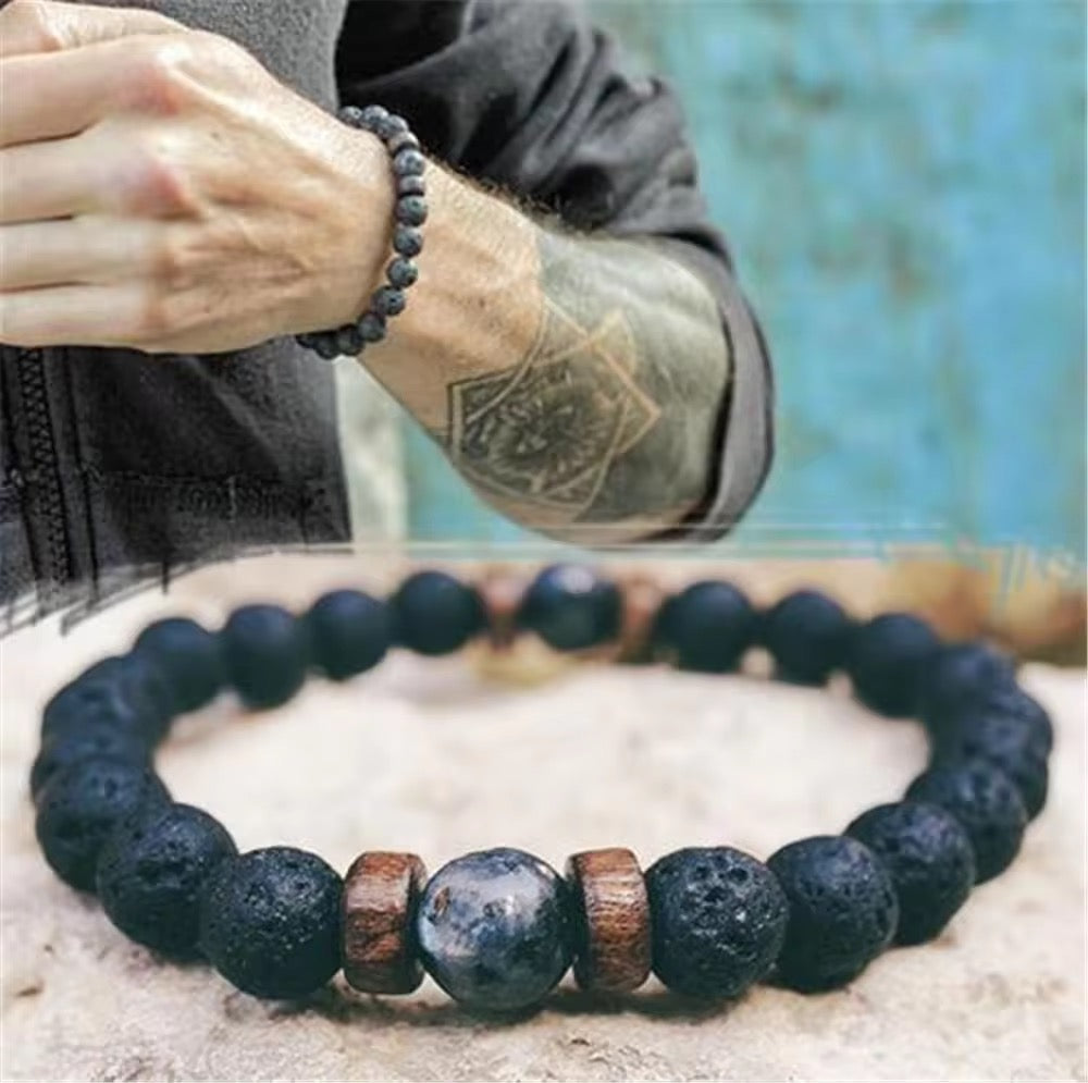 8mm Lava with Natural Stone, wood, Septum, Beaded Energy Yoga bracelets for Men and Women