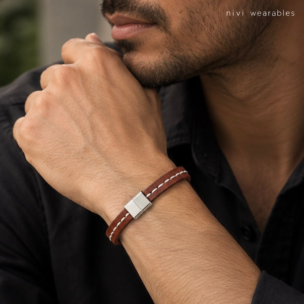 Thread stitch Design leather bracelet with Magnetic Clasp