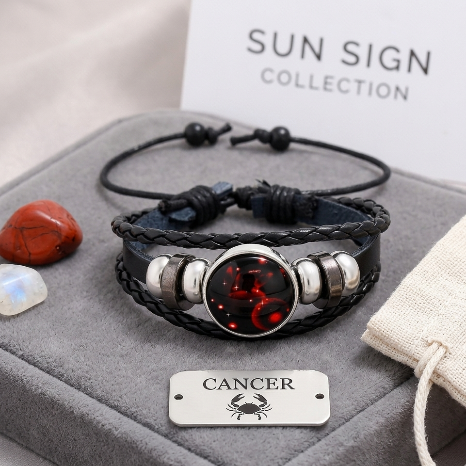 Handmade Woven 12 Zodiac Sign with Black Leather Bracelet for Men and Women for Casual wear