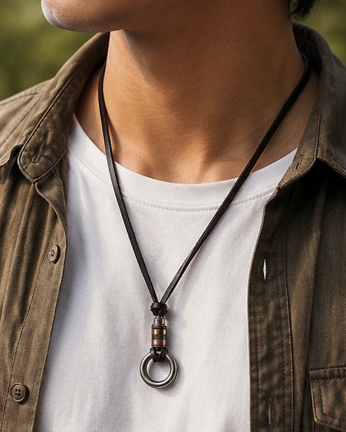 Double Loop Vintage Pendant with Leather Necklace