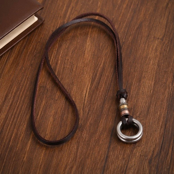 Double Loop Vintage Pendant with Leather Necklace
