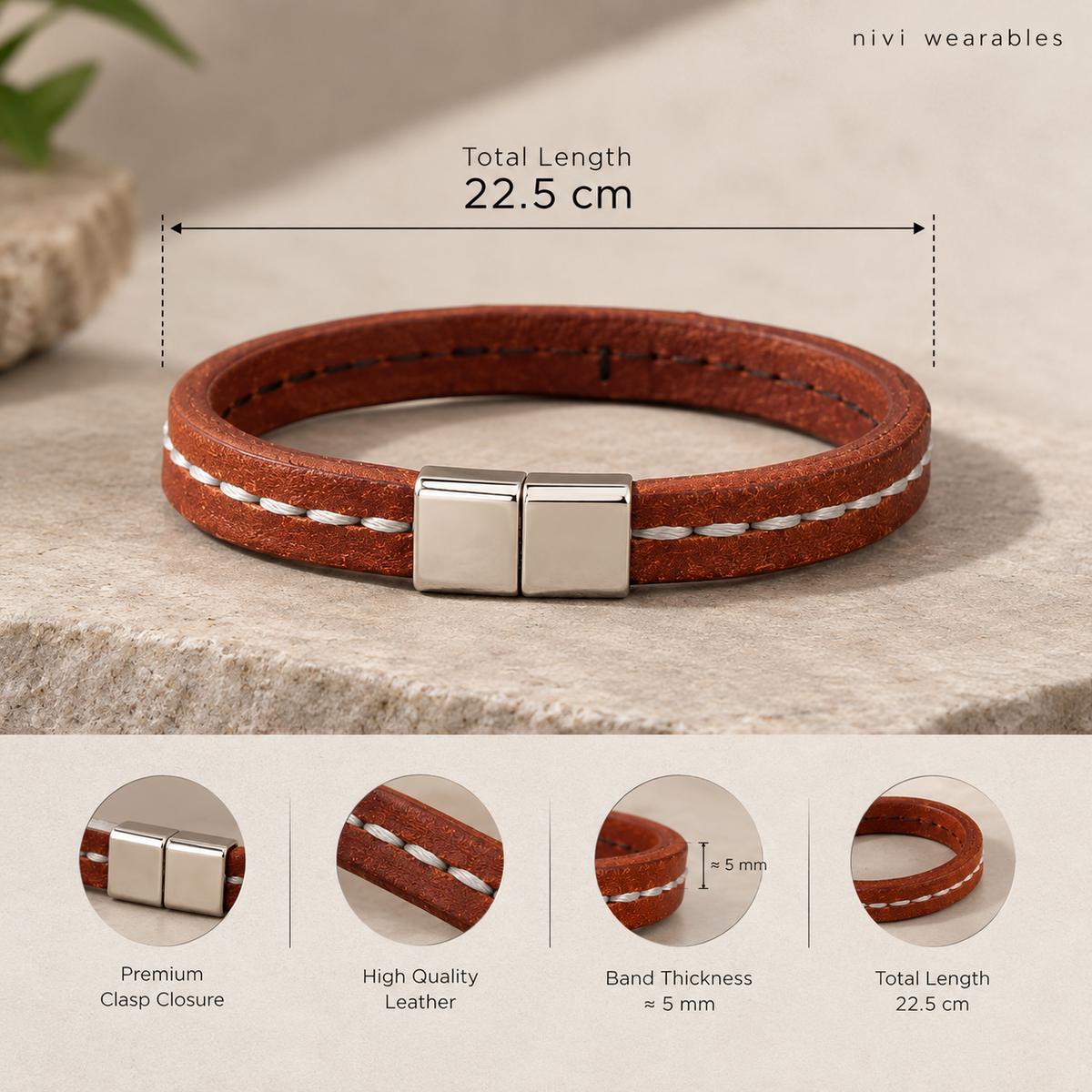 Thread stitch Design leather bracelet with Magnetic Clasp
