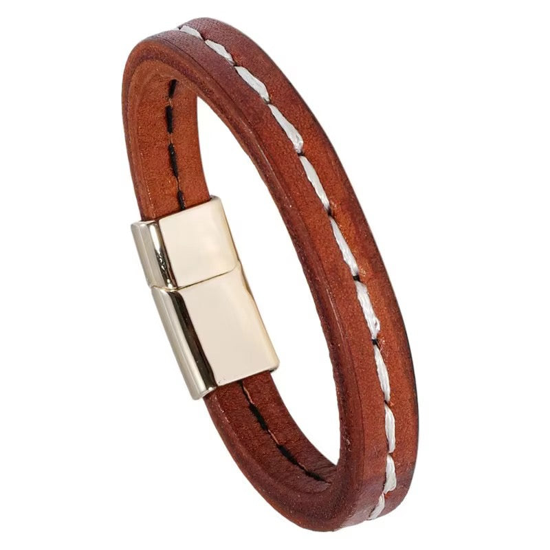 Thread stitch Design leather bracelet with Magnetic Clasp