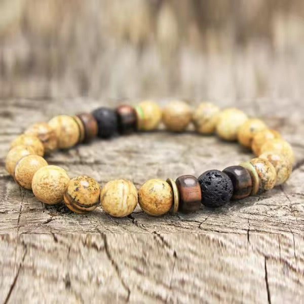 8mm Lava with Natural Stone, wood, Septum, Beaded Energy Yoga bracelets for Men and Women