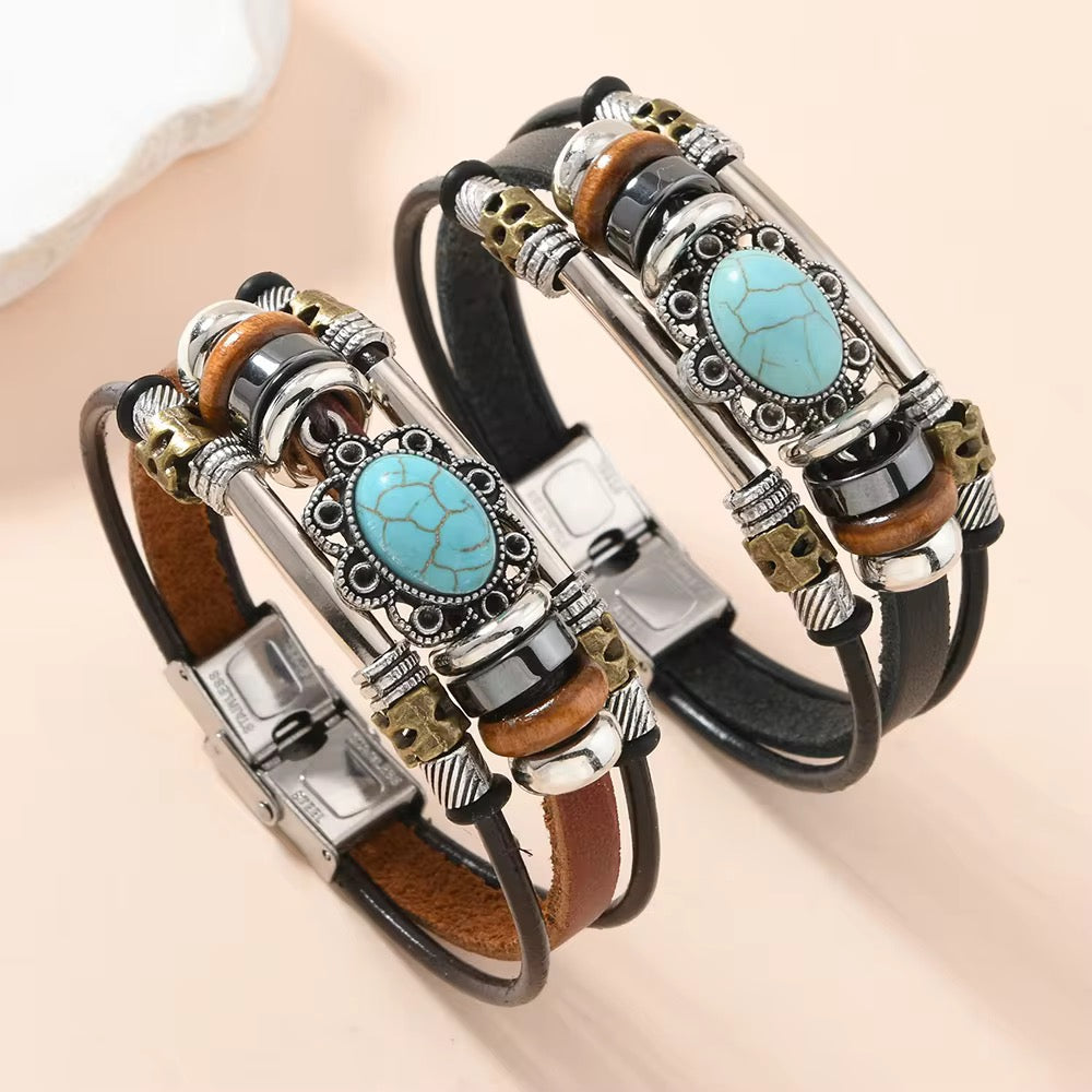 Handmade Bohemian style Leather Bracelets with Blue Stone