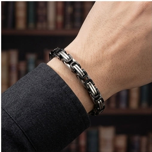 Domineering Personality Men Jewellery Stainless Steel Heavy Bracelet Silver-Black plated (22cm / 6mm thickness)