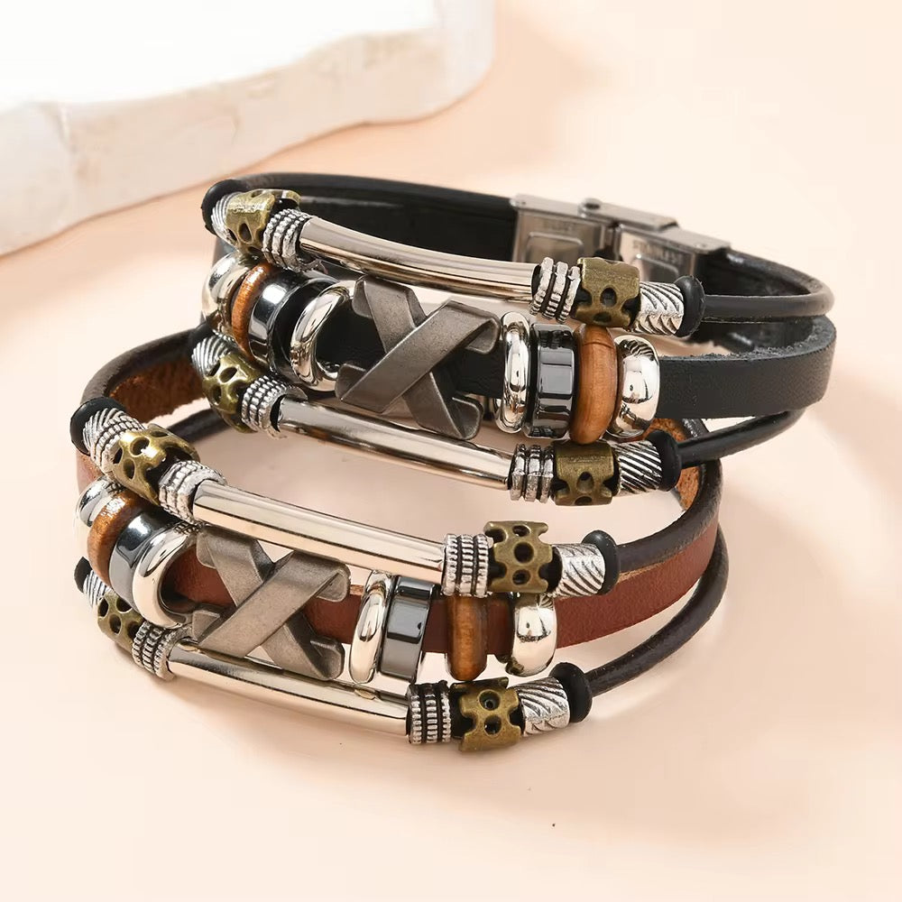 Handmade Bohemian style Leather Bracelets with Steel Clasp