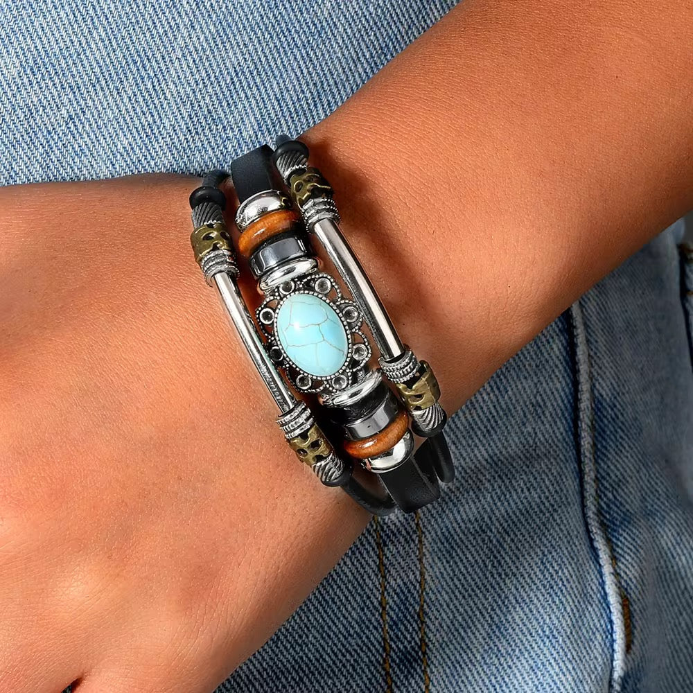 Handmade Bohemian style Leather Bracelets with Blue Stone