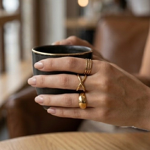 Adjustable Stainless Steel Women Rings Gold Plated 18k Anti Tarnishing (Free Size)