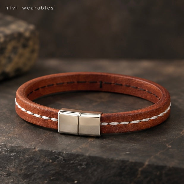 Thread stitch Design leather bracelet with Magnetic Clasp