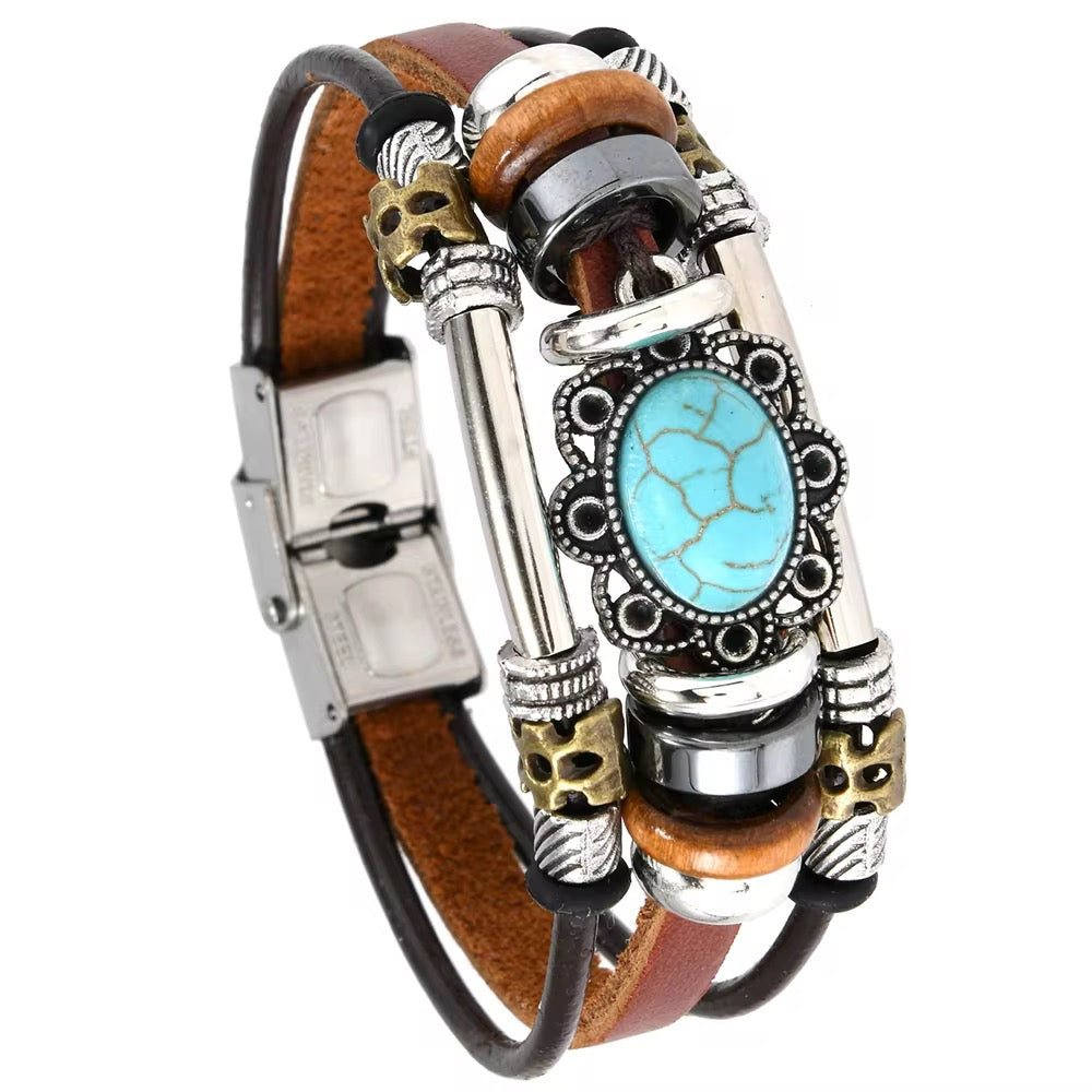 Handmade Bohemian style Leather Bracelets with Blue Stone