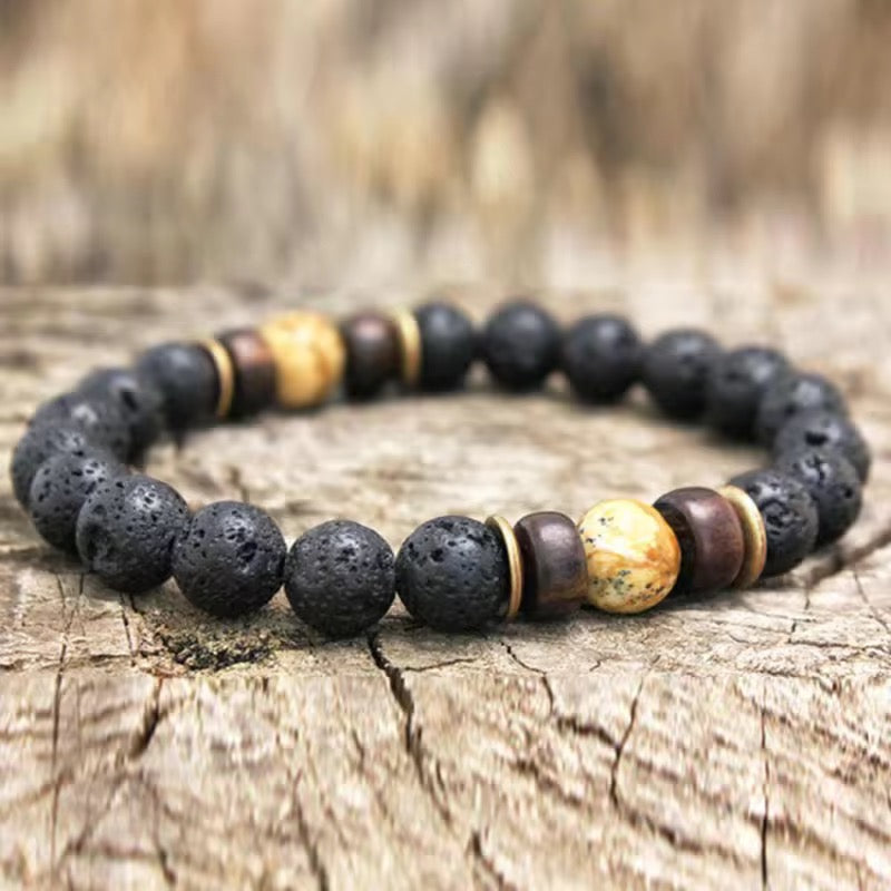 8mm Lava with Natural Stone, wood, Septum, Beaded Energy Yoga bracelets for Men and Women