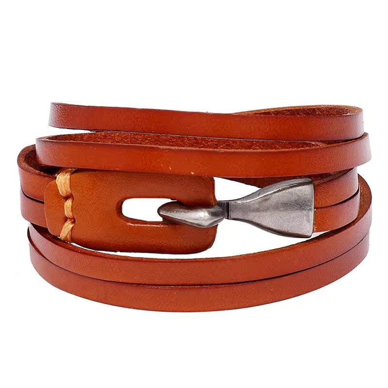 Retro Leather Encircling Bracelet for Men and Women with Hook and Clasp