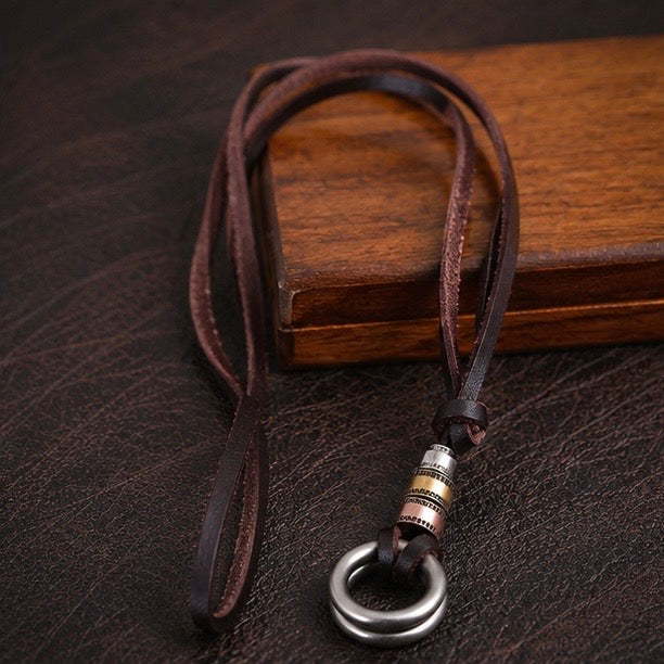 Double Loop Vintage Pendant with Leather Necklace