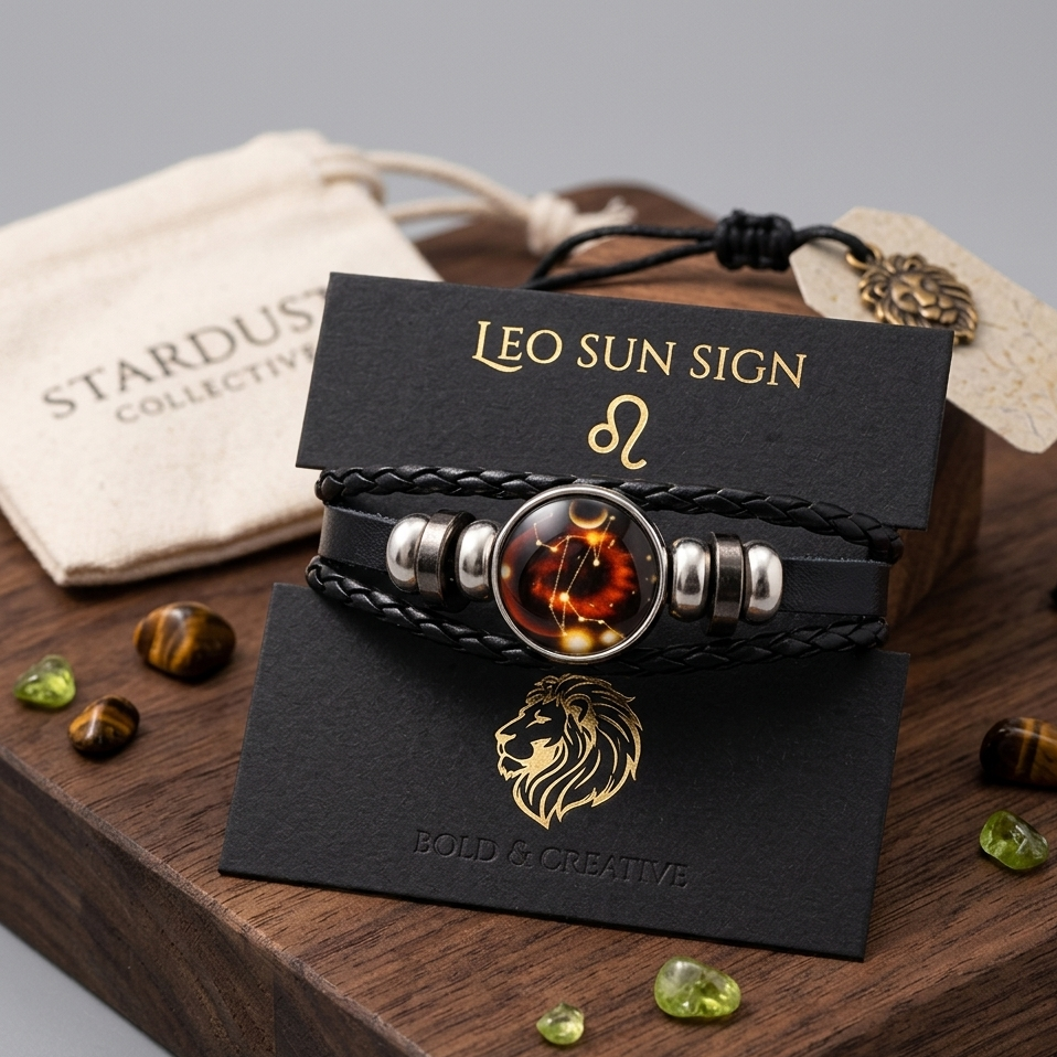 Handmade Woven 12 Zodiac Sign with Black Leather Bracelet for Men and Women for Casual wear