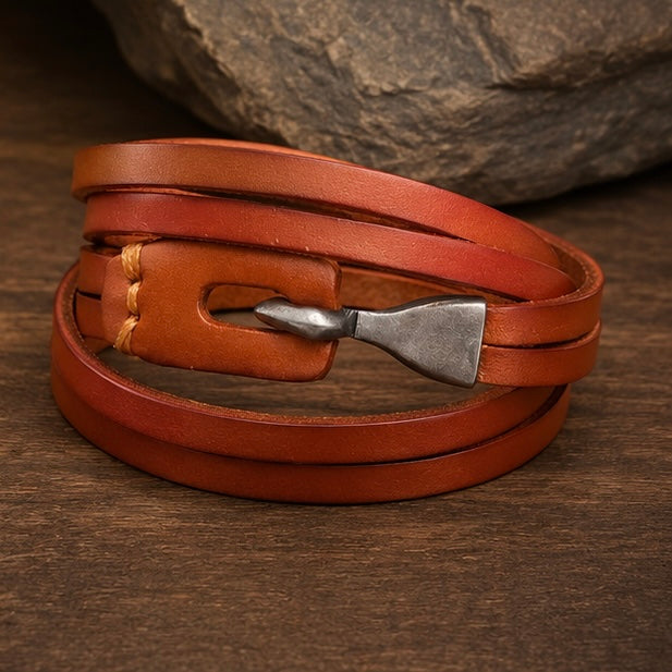 Retro Leather Encircling Bracelet for Men and Women with Hook and Clasp