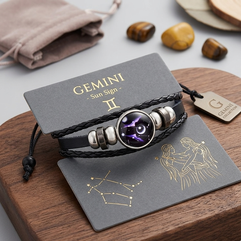 Handmade Woven 12 Zodiac Sign with Black Leather Bracelet for Men and Women for Casual wear