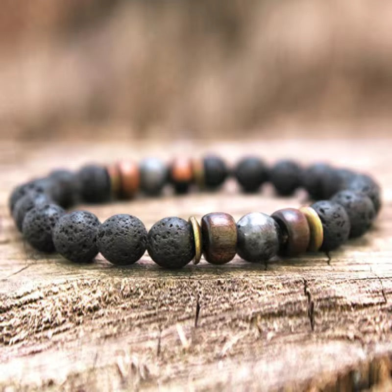 8mm Lava with Natural Stone, wood, Septum, Beaded Energy Yoga bracelets for Men and Women