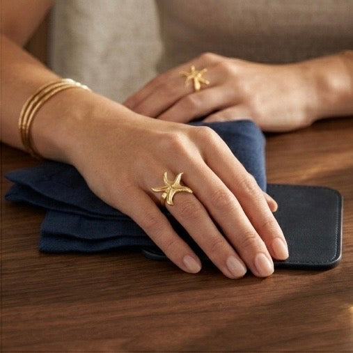 Adjustable Stainless Steel Women Rings Gold Plated 18k Anti Tarnishing (Free Size)