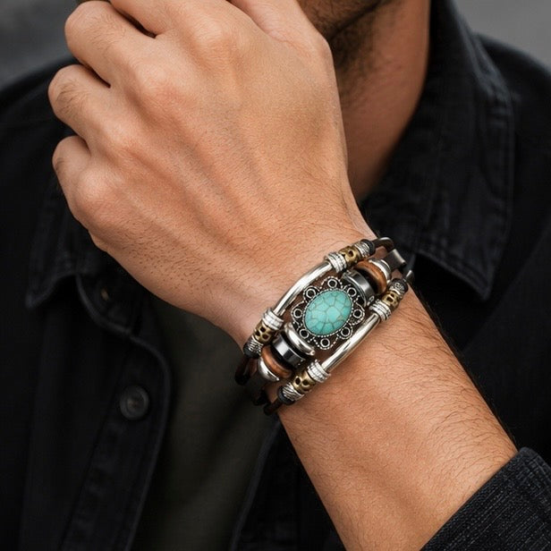 Handmade Bohemian style Leather Bracelets with Blue Stone