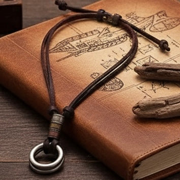 Double Loop Vintage Pendant with Leather Necklace