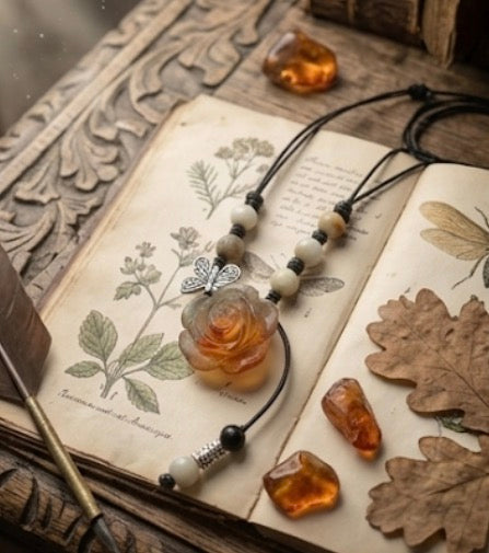 Brown Flower / Butterfly Pendant Necklace