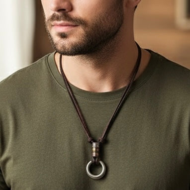 Double Loop Vintage Pendant with Leather Necklace
