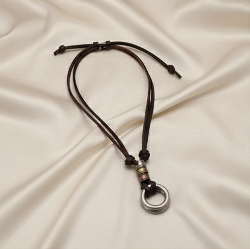 Double Loop Vintage Pendant with Leather Necklace