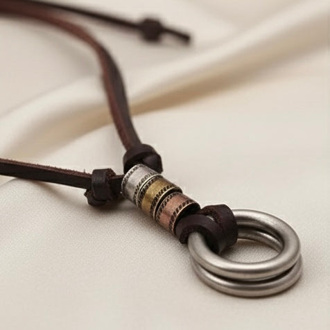 Double Loop Vintage Pendant with Leather Necklace
