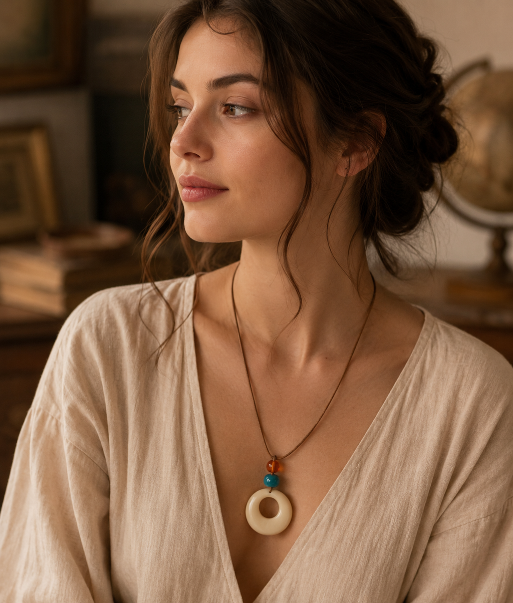 White Stone pendant necklace with leather chain