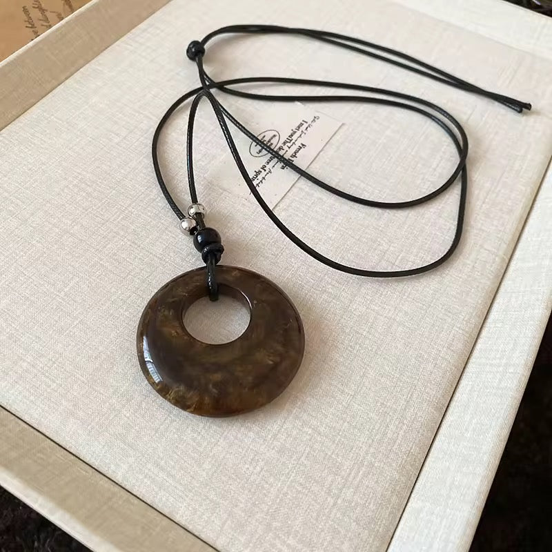 Brown Stone Pendant Necklace with Leather Chain