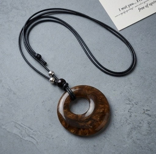 Brown Stone Pendant Necklace with Leather Chain