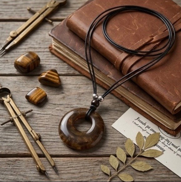 Brown Stone Pendant Necklace with Leather Chain