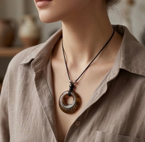 Brown Stone Pendant Necklace with Leather Chain
