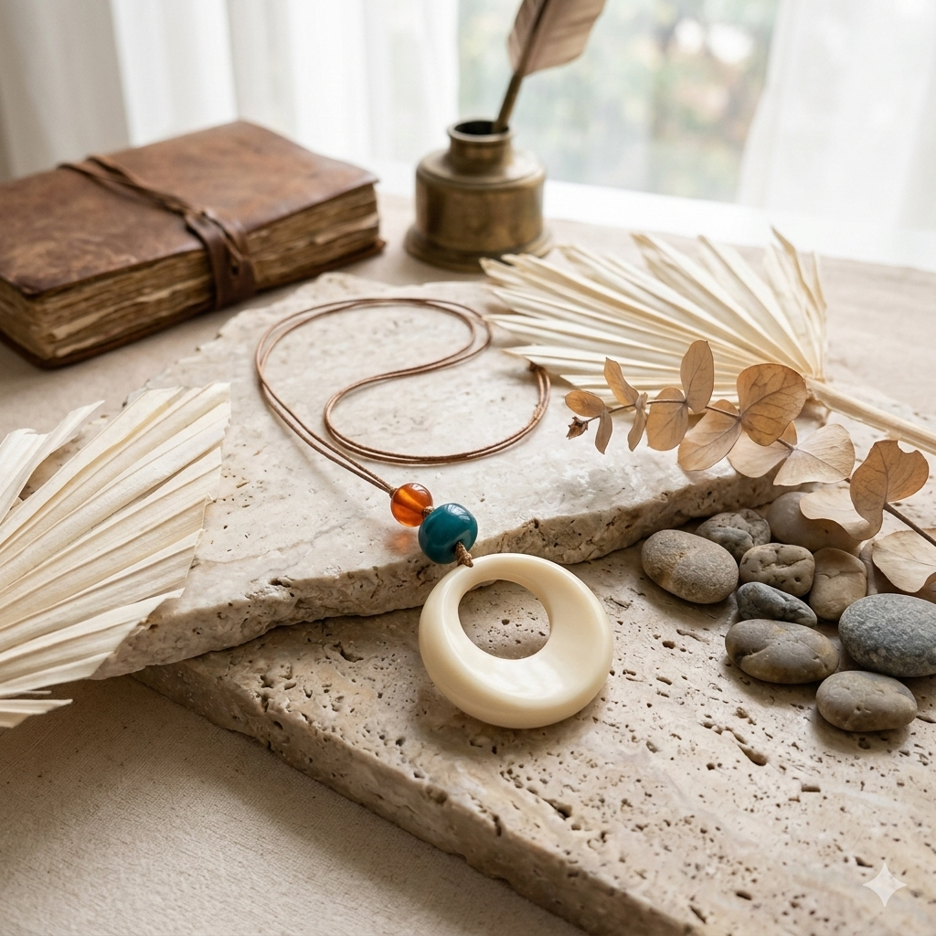 White Stone pendant necklace with leather chain
